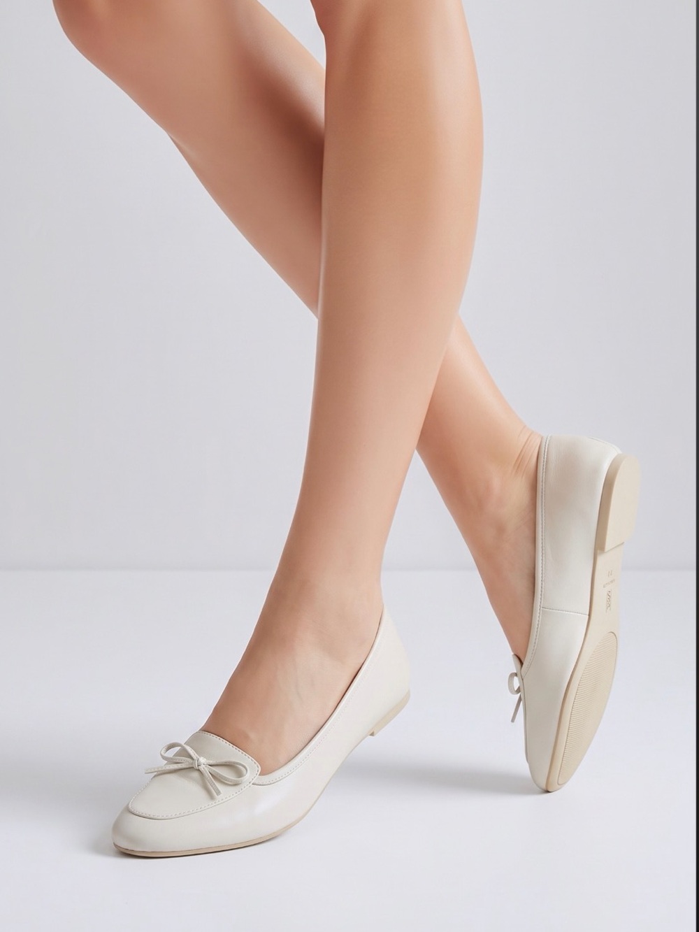 Nickels Soft Cream White Leather Bow Ballet Flats | Minimalist Slip-On 8M